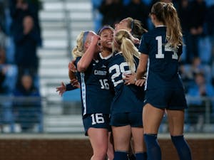 UNC's women's soccer team celebrates Maycee Bell's (25) goal against USC during the NCAA quarterfinal game at Dorrance Field on Friday, November 29, 2019. Bell scored. the game winning goal to advance the  Tarheels to the semifinals with a score of 3-2.