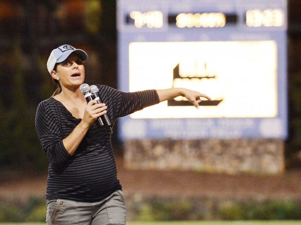 	Former UNC soccer player Mia Hamm spoke at Thursday night&#8217;s women&#8217;s soccer game against Duke.