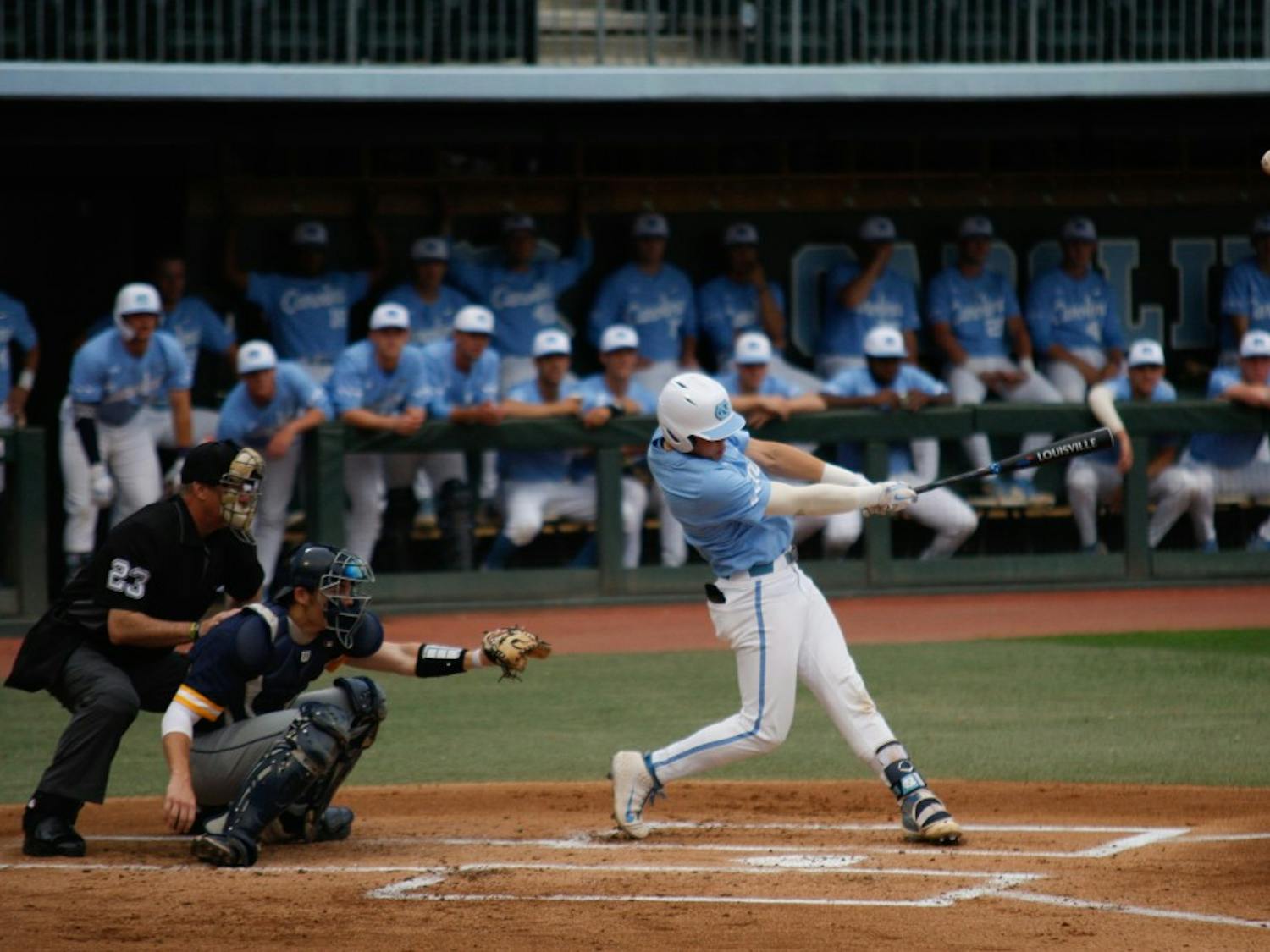 UNC first-year short stop Danny Serretti (1) at bat against UNCG in Boshamer Stadium on Wednesday, April 9, 2019. The Tar Heels beat the Spartans 17-4.