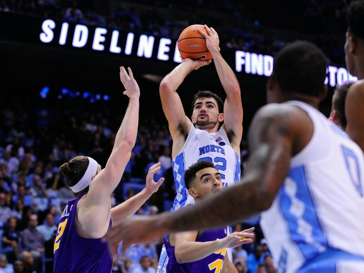 Forward Luke Maye (32) pulls up for a jump shot against Northern Iowa on Friday in the Smith Center.