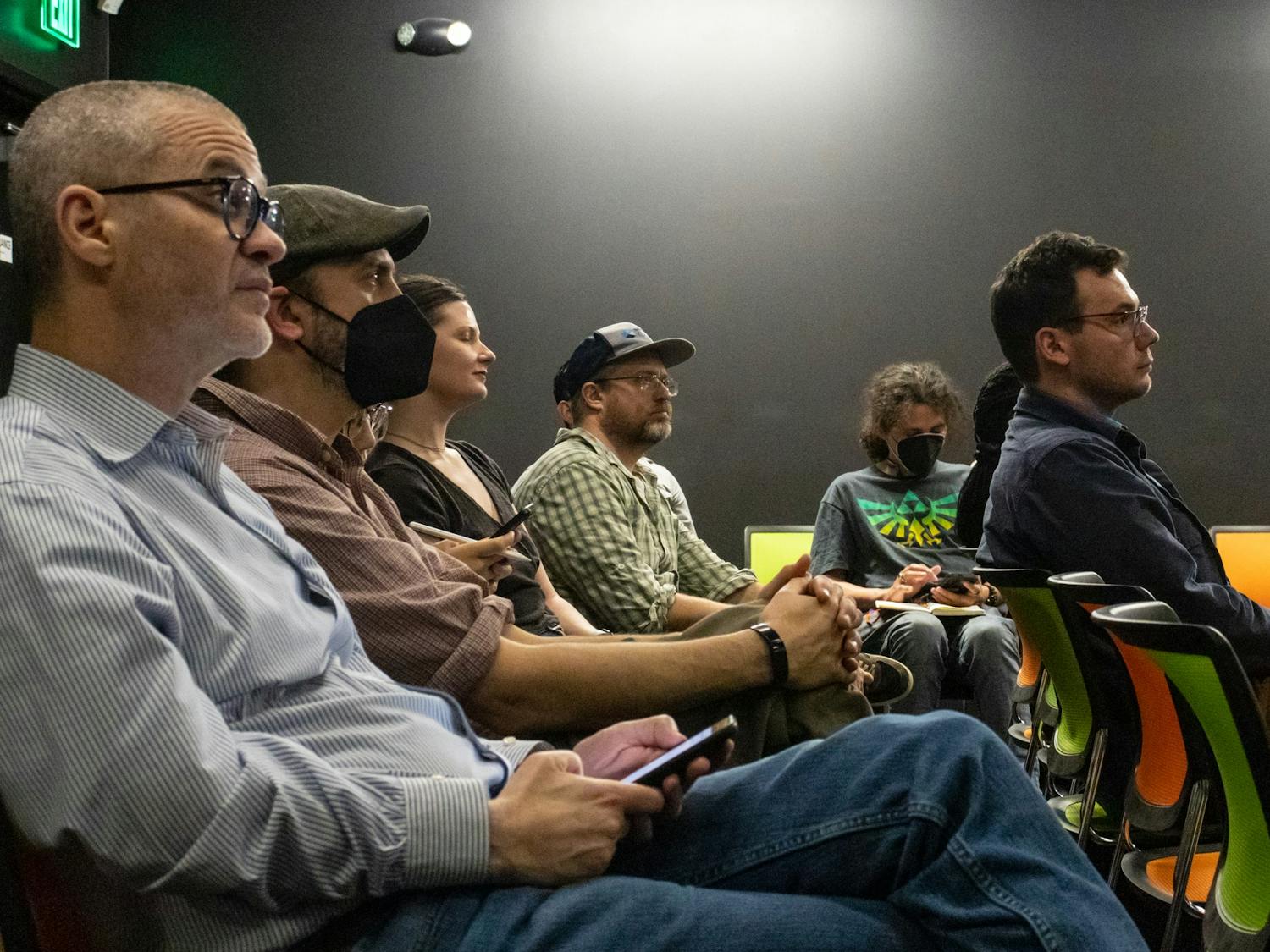 Gaming scholars and artists gather for the first UNC-Duke Critical Games Symposium on Friday, Feb. 24, 2023, in UNC's Media Art Space. The symposium focuses on the critical study and practice of video games. 
Photo Courtesy of Emily Chambliss.