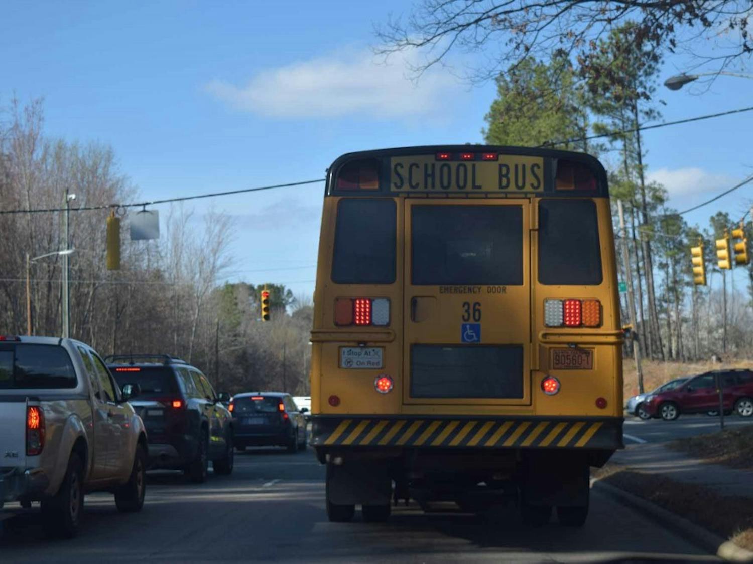 A school bus drives down MLK Jr. Blvd., on Monday, March 4, 2019. The Orange County Board of Education passed a new resolution in which the board refuses to share information regarding the immigration status of students and their families to immigration agents. This comes after more than 200 North Carolina residents were arrested by Immigration and Customs Enforcement agents in the past month.