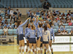 The UNC volleyball team prepares to take on Virginia Tech on Sunday, Oct. 6, 2019 at Carmichael Arena.
