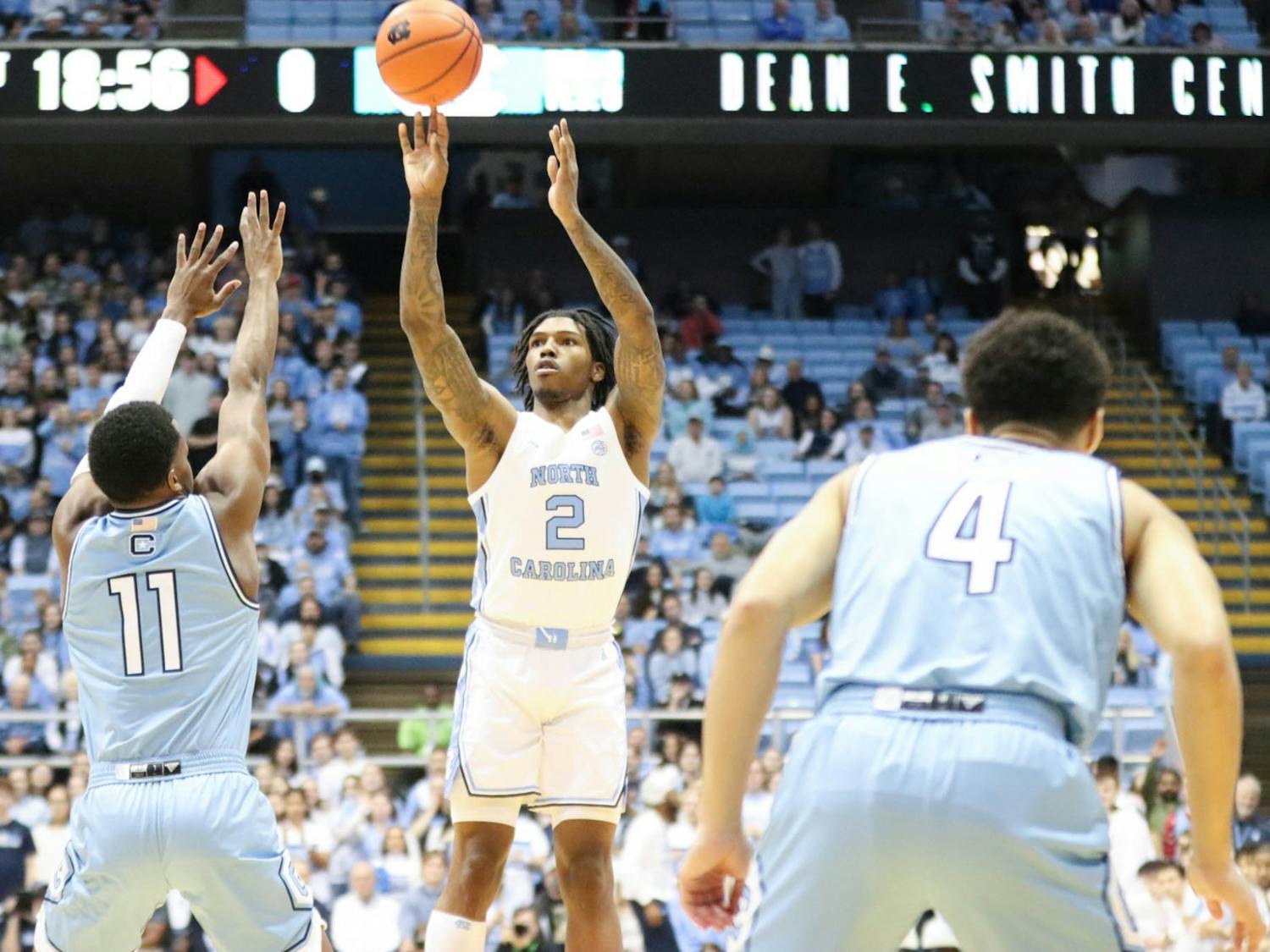 UNC junior guard Caleb Love (2) shoots the ball during the men's basketball game against The Citadel at the Dean Smith Center on Tuesday, Dec. 13, 2022. UNC beat The Citadel 100-67.