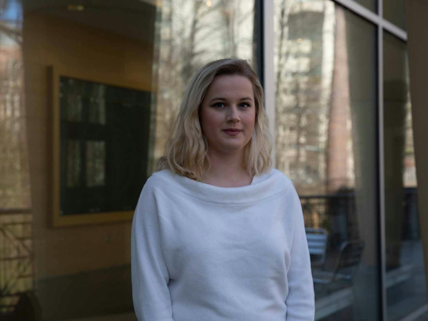 Sophomore Sam McCrary poses for a portrait in front of the Sonja Haynes Stone Center on Friday, Feb. 6, 2020. She is one of the the 29 Delta Advocates on campus, a group who are trained to response to survivors of gender-based violence or harassment.