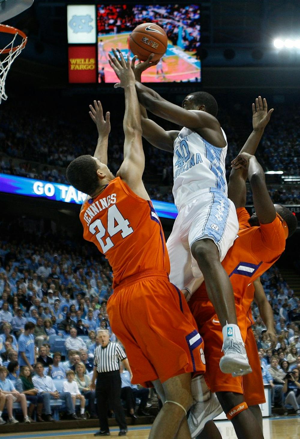 UNC guard Harrison Barnes takes the ball to the basket during the game against the Clemson Tigers on Saturday at the Smith Center. Barnes led the Tar Heels in scoring with 24 points in the 74-52 Carolina victory.