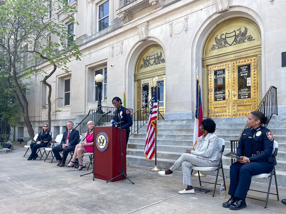 <p>Raleigh Police Chief Estella Patterson speaks during the women in law enforcement event at the Historic Durham County Courthouse on Wednesday, April 12, 2023.</p>
<p>Photo Courtesy of Carly Breland.</p>