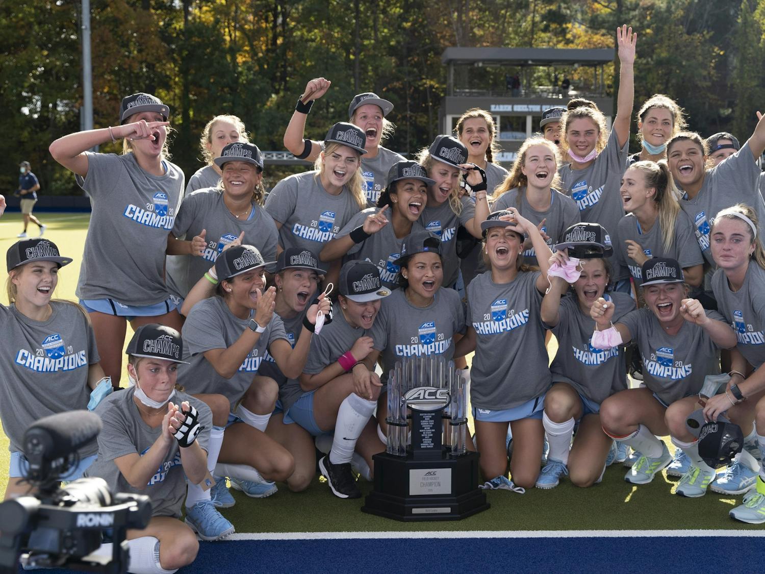 UNC field hockey celebrates following their win against Louisville in the ACC Field Hockey Championship on Nov. 8, 2020 in Karen Shelton Stadium. UNC beat Louisville 4-2, securing their fourth consecutive tournament championship.