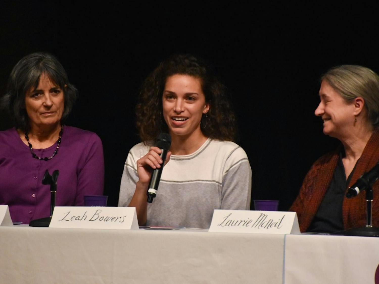 Leah Bowers (center), alongside Susan Girdler (left) and Laurie McNeil (right), speaks at the Gender & Stem seminar on Wednesday, Nov. 28,2018 at the Stone Center.