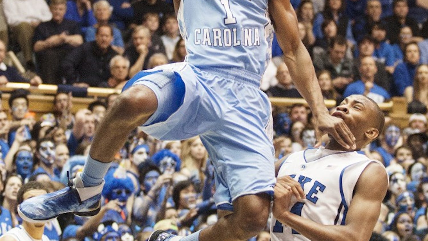 Dexter Strickland drives to the basket during the first half. Strickland scored 6 points for the Tar Heels to help bring Carolina to a 33-29 lead over Duke at the half.