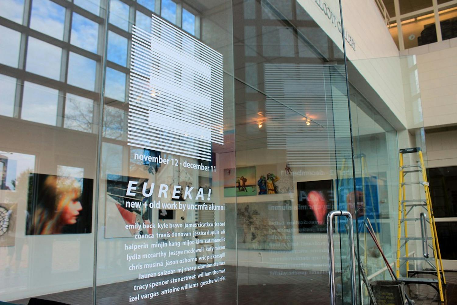 Eureka!, which showcases UNC Master of Fine Arts alumni's work from graduate school to now, in the process of being set up. 