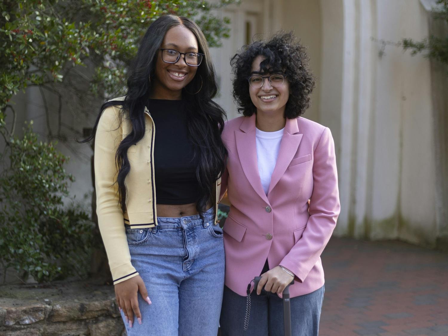 Imani Rankins and Karina Vasudeva pose in front of Campus Y on Tuesday, Feb. 21, 2023 at Chapel Hill, N.C. Rankins and Vasudeva are the newly elected Campus Y co-presidents.