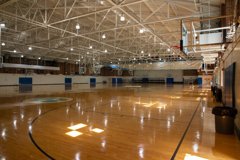 Basketball courts at the Student Recreation Center (SRC) are pictured on June 15, 2022. The SRC also features two multipurpose studios with hardwood floors and a large weight room with cardio and strength training equipment.