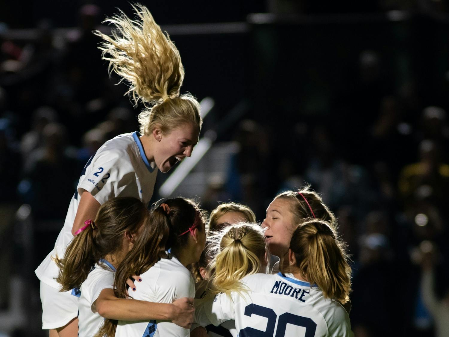UNC celebrates their first goal during their game against UCLA in the NCAA Finals at WakeMed Soccer Park on Friday, Dec. 5, 2022. UNC lost 3-2 in 2OT.