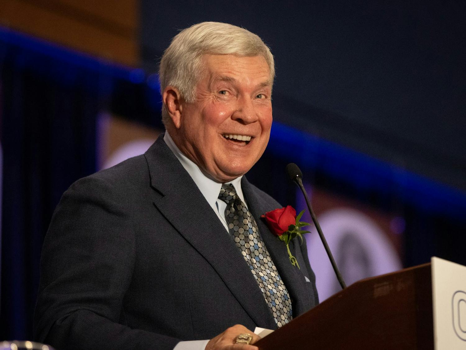 Mack Brown, head coach of UNC's football team, delivers an acceptance speech at the North Carolina Sports Hall of Fame induction ceremony Friday.