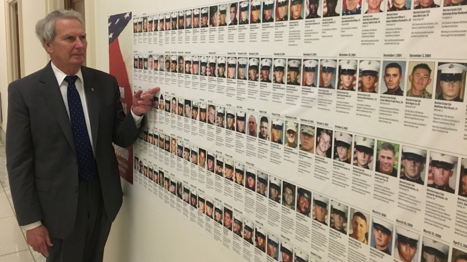 U.S. Rep. Walter Jones, R-N.C., stands in front of a wall of photos of fallen soldiers outside his office. Jones sends condolence letters to the families of soldiers who have died in the Middle East because of his decision to vote in favor of the Iraq war in 2002. Photo courtesy of Allison Tucker.