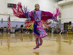 Hollister resident Linzie Evans, 10, and member of the Haliwa-Saponi tribe dances during the Carolina Indian Circle's 33rd Annual Powwow in Fezter Gym on Saturday, Feb. 29, 2020.