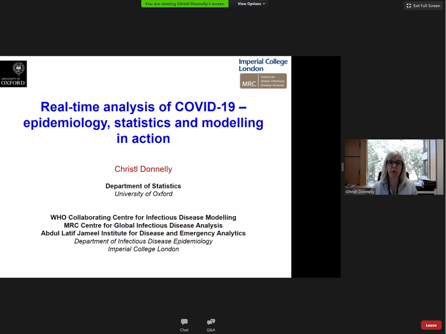 Professor and statistical epidemiology specialist Christl Donnelly detailed her experiences tracking COVID-19 to students enrolled in the Carolina Away program and the public on Monday, Sept. 14, 2020 over Zoom. Donnelly is the deputy head of the department of statistics at Oxford University and a specialist in statistical epidemiology at Imperial College London.&nbsp;