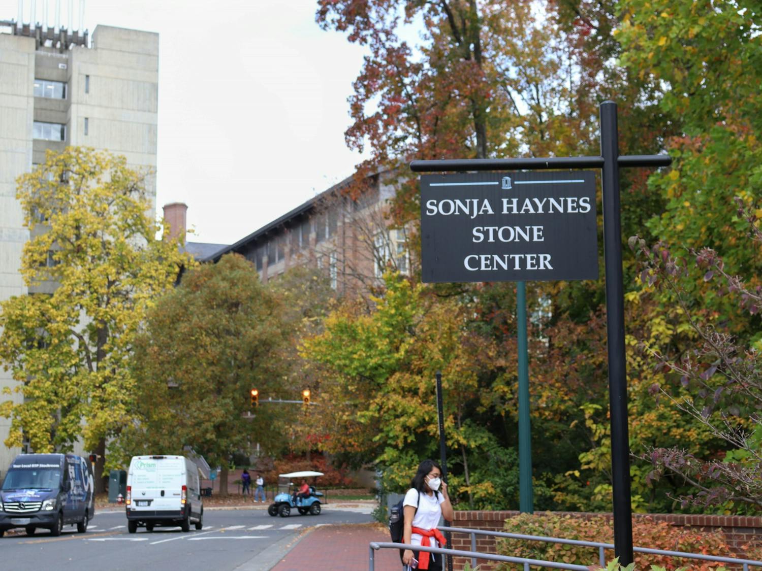 Cars pass by the Sonja Haynes Stone Center, which will be the main voting location on UNC's campus on election day. Pictured on Monday, Oct. 31, 2022.