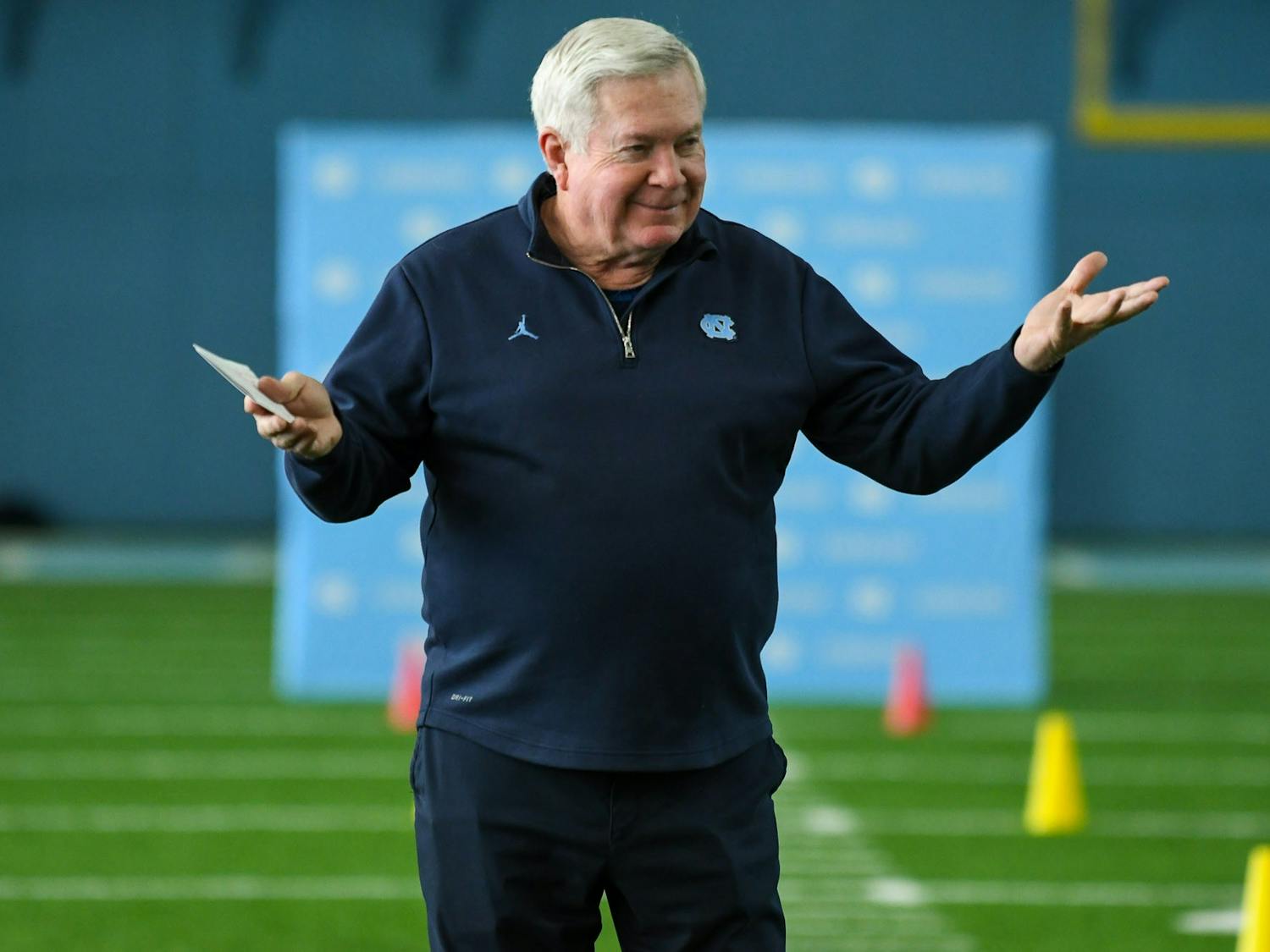 Mack Brown, head coach of North Carolina Football, addresses the NFL scouts in an opening speech during Pro Day on Monday, March 28, 2022. 