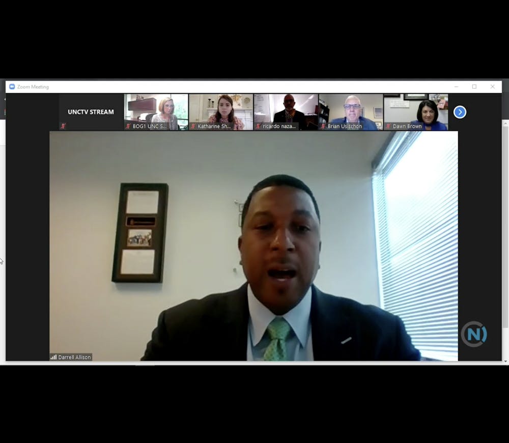 <p>UNC Board of Governors Racial Equity Task Force chair Darrel Allison speaks at the virtual meeting on Thursday, July 9, 2020.</p>