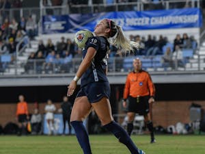 UNC Forward Alessia Russo (19) traps the ball out of the air to progress an offensive push.  North Carolina defeated Colorado 1-0 at Chapel Hill in the second round of the NCAA Women's soccer tournament on Friday, Nov. 22, 2019. 