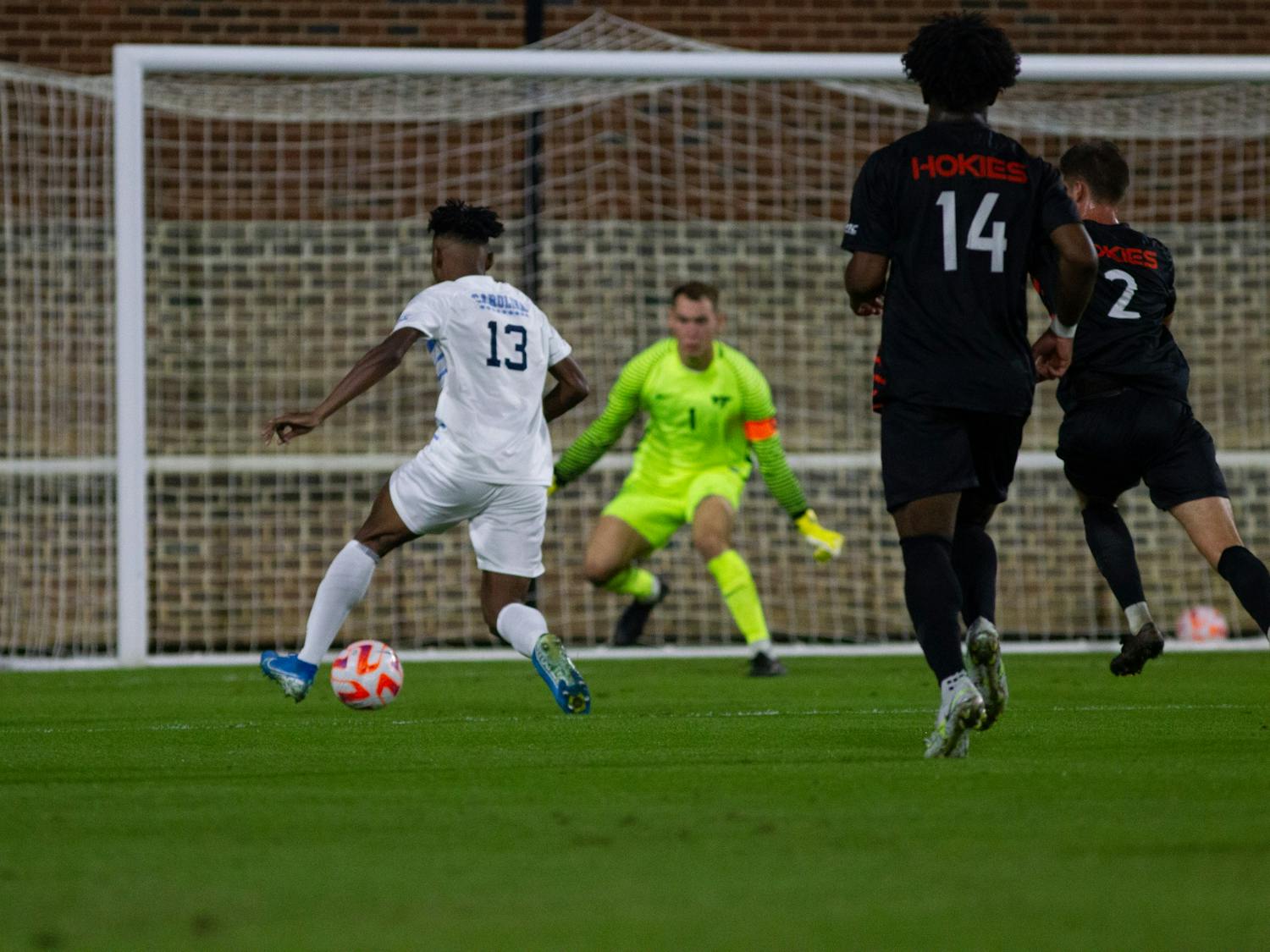 UNC redshirt Junior Key White (13) moments before his goal against VT in Chapel Hill on Fri. Oct. 7, 2022