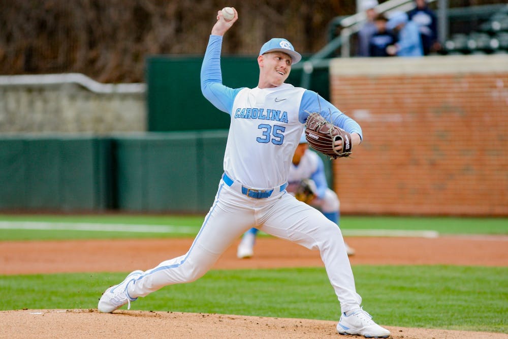 Sophomore right handed pitcher Max Carlson (35) pitches the ball at the game against ECU at Boshamer Stadium on Feb. 26, 2022.