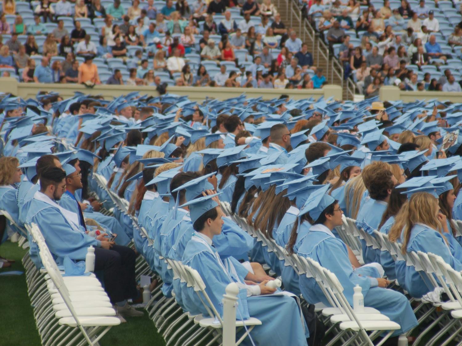 Graduating seniors sit in the crowd during UNC's 2019 spring commencement ceremony. 
