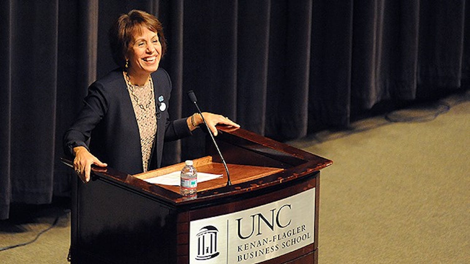 Chancellor Carol L. Folt spoke about the future of UNC and her plans to make changes as a part of Dean's Speaker Series at Koury Auditorium at the UNC Kenan-Flagler Business School on Monday night. "UNC may be ground zero for the future of higher education in America," said Folt. 