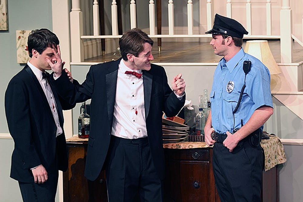 Byron Frazelle, Griffin Gast, and Drew Patrick (from left) in the production of Rumors starting Thursday, Jan. 30 at 8p.m. at Kenan Theatre in the UNC Center for Dramatic Art. Rumors is the first collaboration of The Lab! Theatre and Kenan Theatre Company and admission to the show is free. 