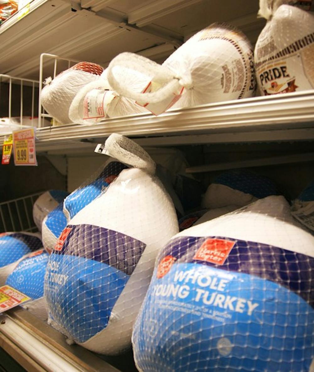 Frozen turkeys for sale on the shelves at Harris Teeter in Carrboro on Monday in preparation for Thanksgiving.