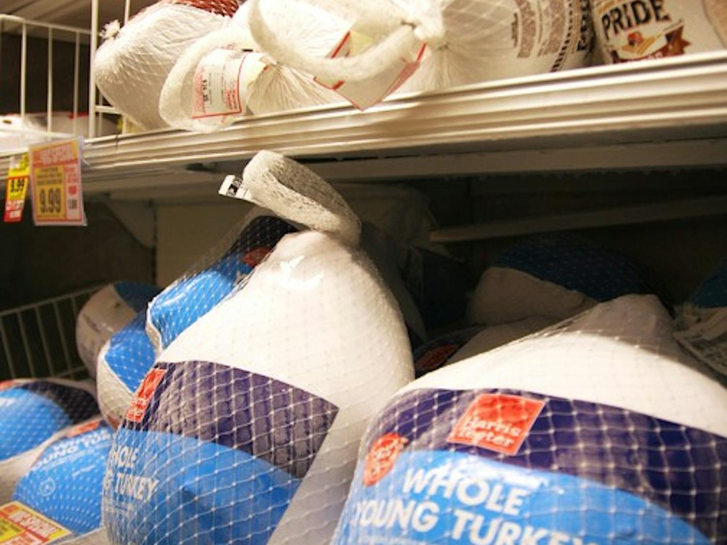 Frozen turkeys for sale on the shelves at Harris Teeter in Carrboro on Monday in preparation for Thanksgiving.