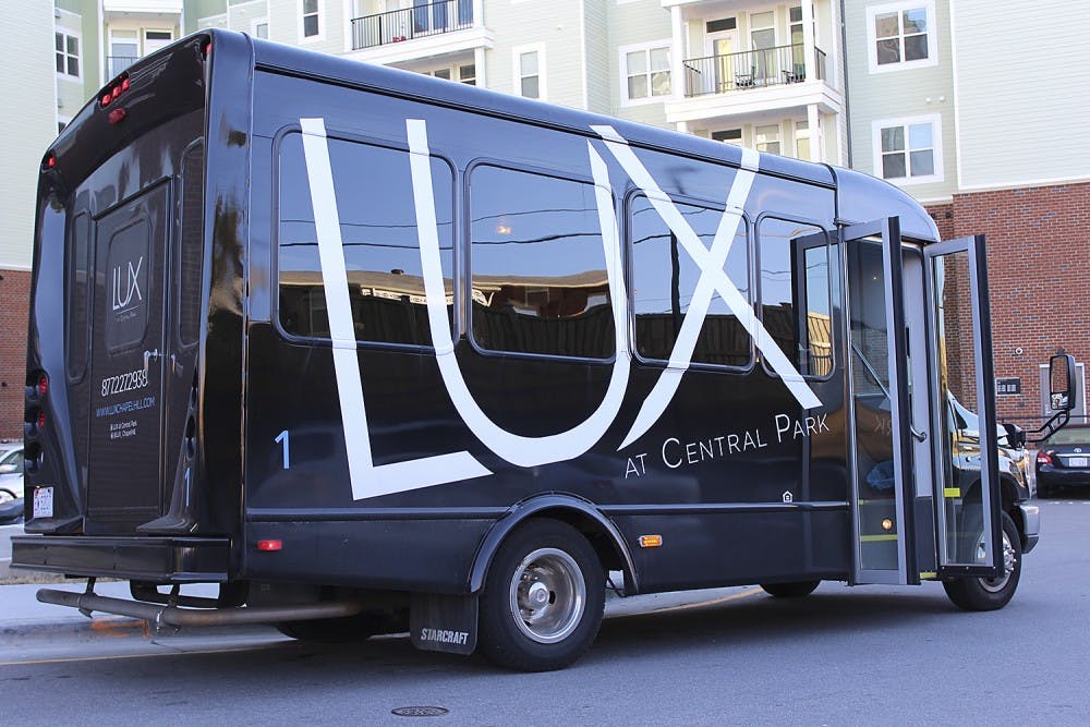 The Lux shuttles are scheduled to pick up residents every fifteen minutes. The apartment complex provides shuttle stops around campus Monday through Friday and a late night shuttle system along Franklin Street and Rosemary Street Thursday through Saturday. 