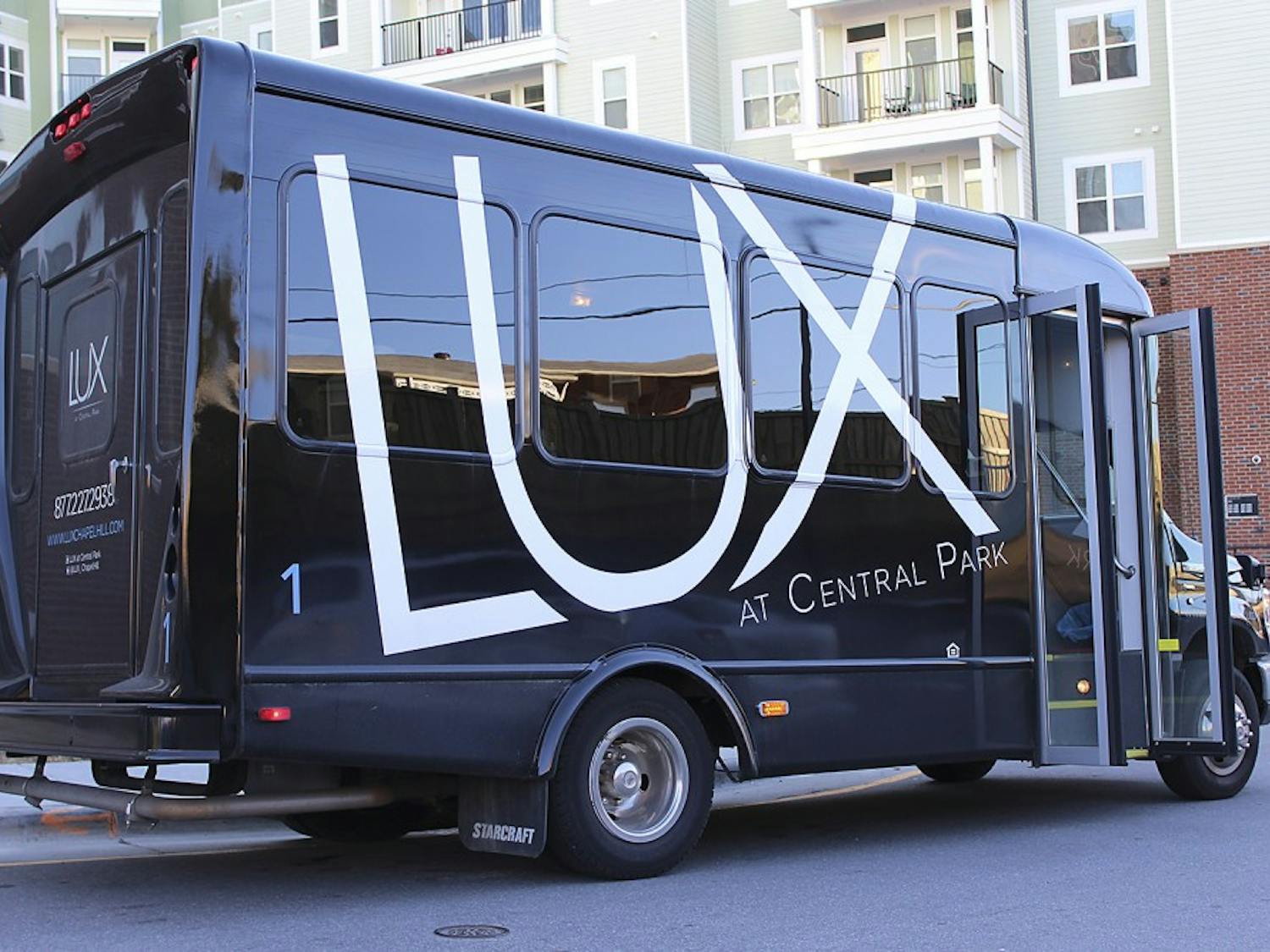The Lux shuttles are scheduled to pick up residents every fifteen minutes. The apartment complex provides shuttle stops around campus Monday through Friday and a late night shuttle system along Franklin Street and Rosemary Street Thursday through Saturday. 