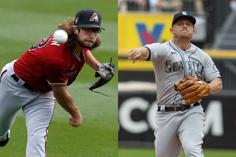 Starting pitcher Zac Gallen (23) of the Arizona Diamondbacks and Seattle Mariners third baseman Kyle Seager pictured in 2021. Photos courtesy of  Ralph Freso/Getty Images/TNS and Brian Cassella/TNS. 
