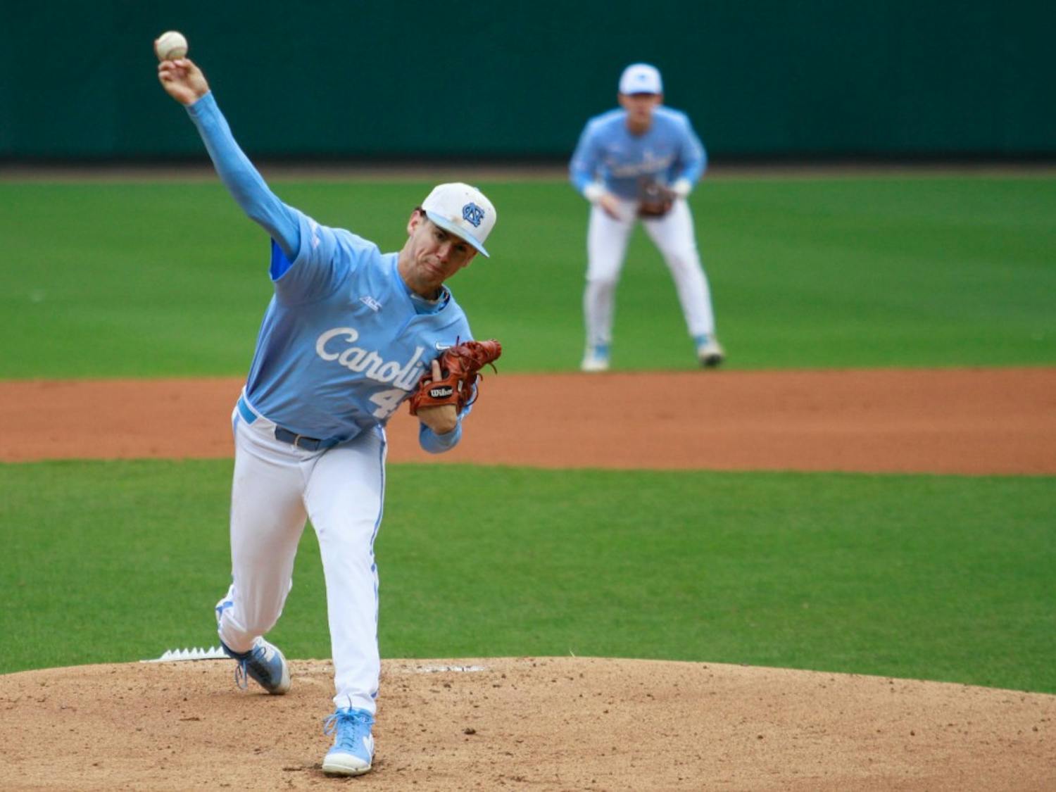 UNC pitcher junior Austin Bergner (45) throws a pitch for the Tar Heels against UMass Lowell Sunday, March 3, 2019 at Boshamer Stadium.