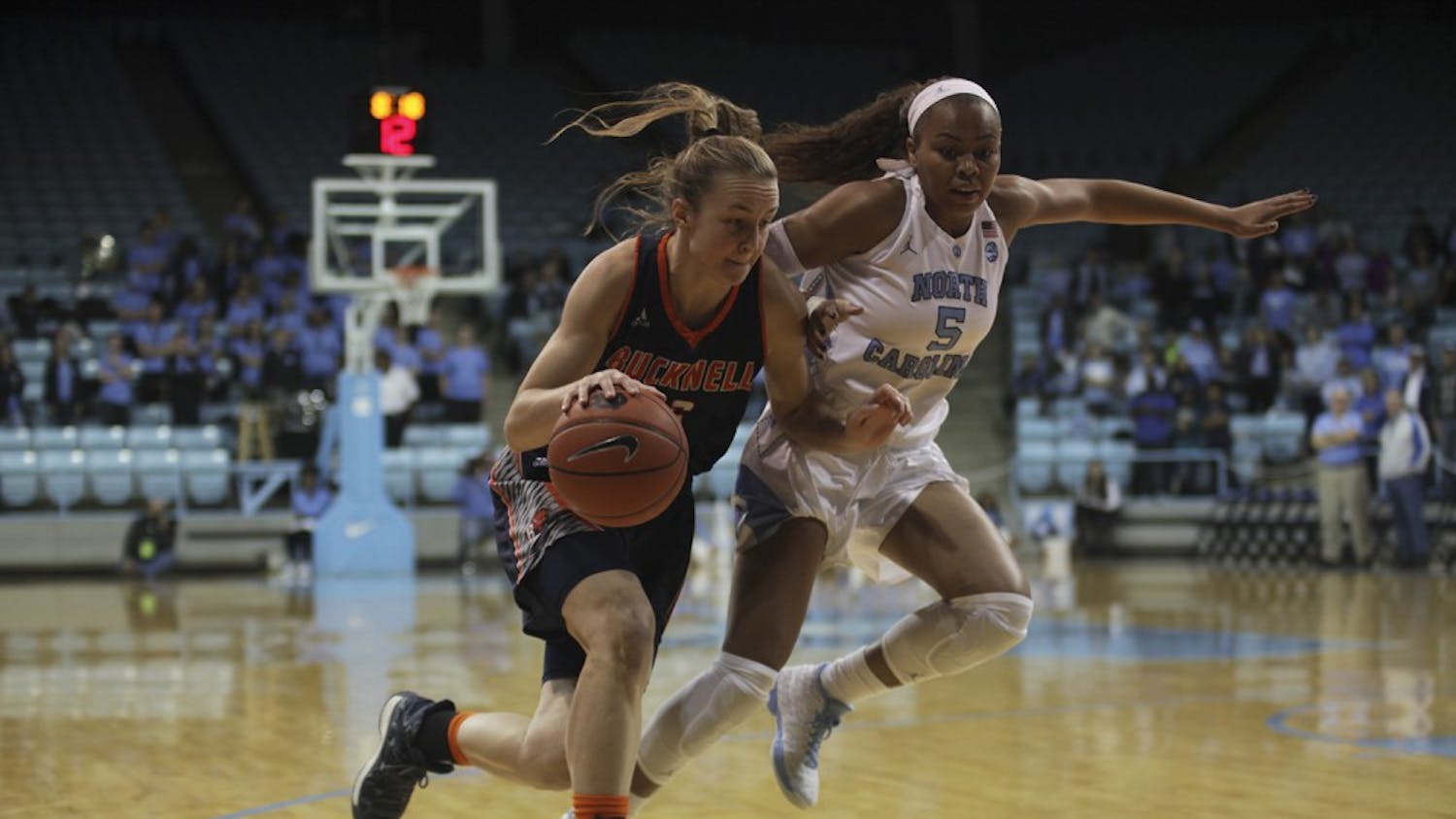 Sophomore guard Stephanie Watts (5) defends against a Bucknell player. 