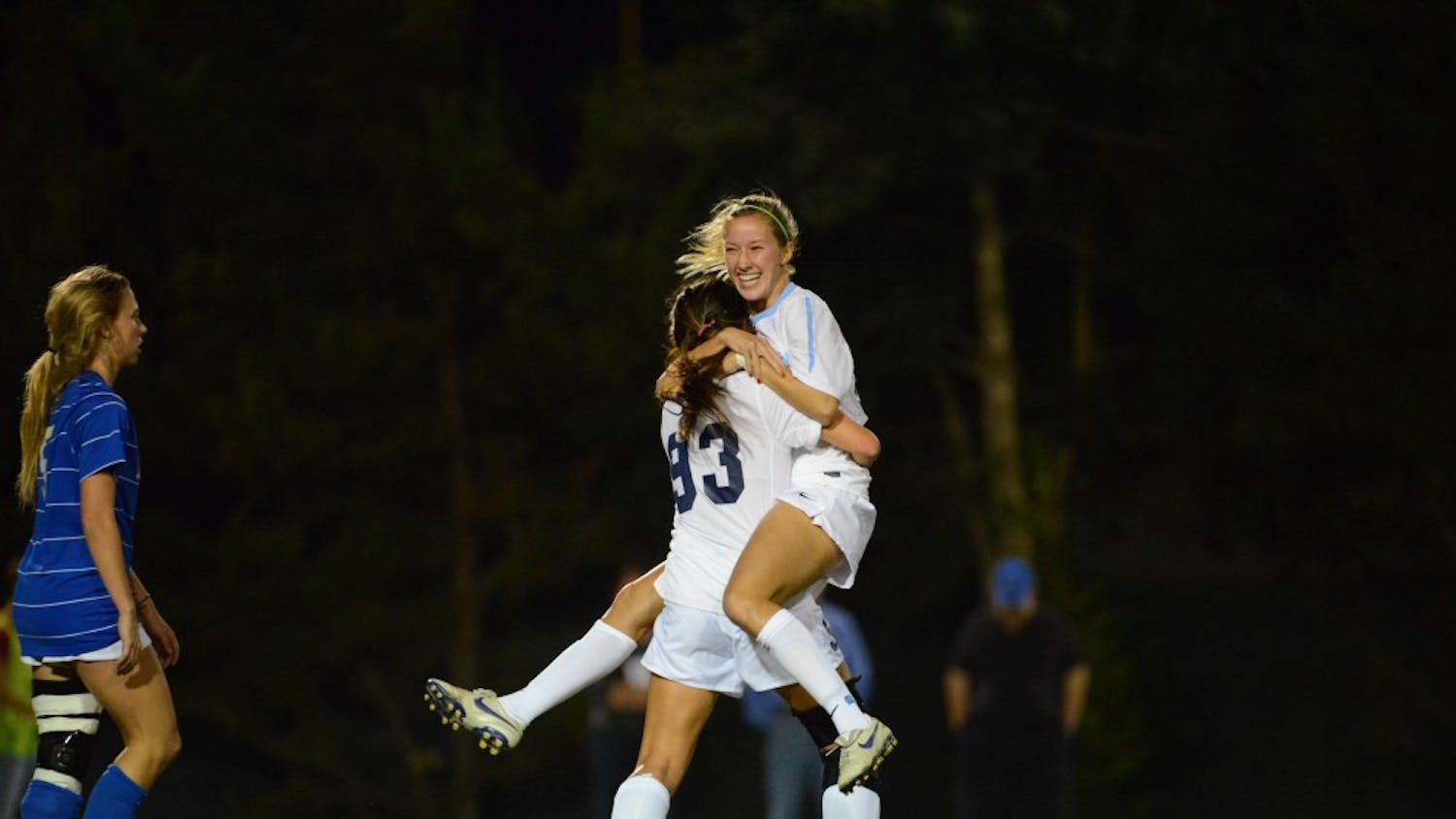 	Cameron Castleberry (left) celebrates with Brooke Elby after scoring her first career goal in the 35th
minute against Duke Thursday at Fetzer Field. UNC took the match 3-0 and will play again Sunday.