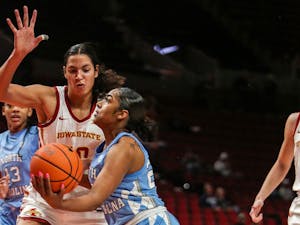 UNC junior point guard Deja Kelly (25) attempts a layup in the women's basketball game against Iowa State at the Phill Knight Invitational in Portland, Ore. on Sunday, Nov. 27, 2022. UNC beat Iowa State 73-64. Photo Courtesy of UNC Athletic Communications.