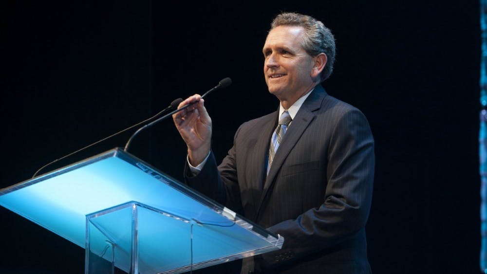 <p>UNC Athletic Director Bubba Cunningham speaks at the Rammys. Photo taken by Jeffrey A. Camarati and courtesy of UNC Athletic Communications.</p>