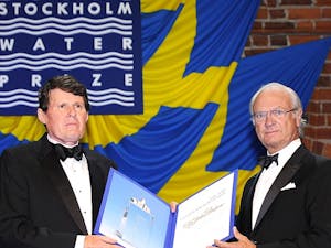 Former UNC professor John Briscoe (left) received the Stockholm Water Prize earlier this year for his work on global water policies. Courtesy of Marta Briscoe Benton.