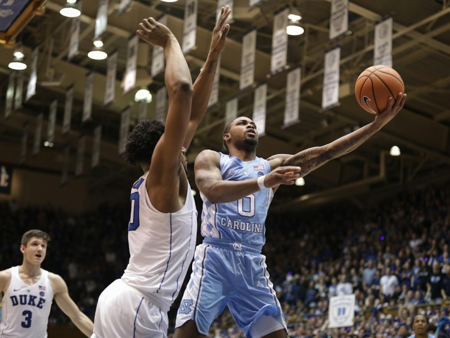 North Carolina guard Seventh Woods (0) shoots a lay up during the second half of a March 3 away game against Duke.&nbsp;