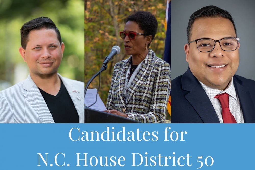 Matt Hughes, Reneé Price and Charles Lopez are candidates for the N.C. House District 50 seat. Photos courtesy of Hughes and Lopez and by DTH/Anna Connors. 