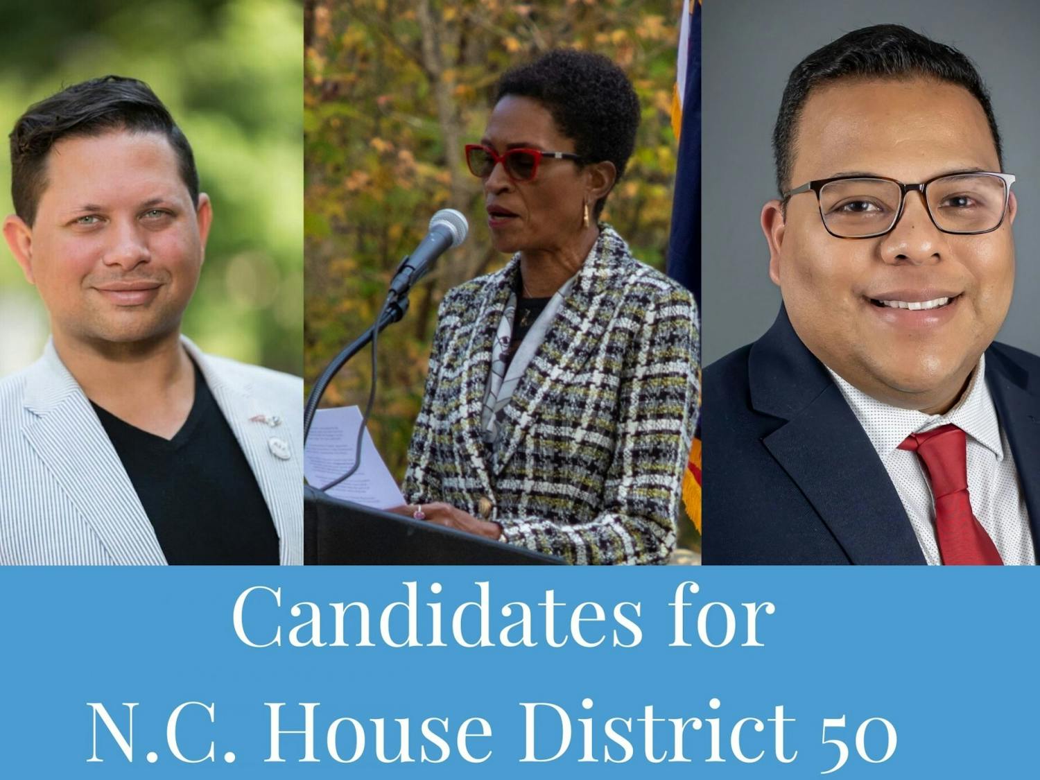 Matt Hughes, Reneé Price and Charles Lopez are candidates for the N.C. House District 50 seat. Photos courtesy of Hughes and Lopez and by DTH/Anna Connors. 