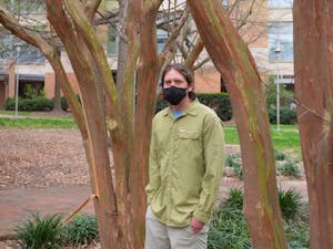 Matthew Hirsch poses for a portrait outside of the Neuroscience Research Building on Wednesday, Mar. 31, 2021. Hirsch is an Associate Professor in the Department of Ophthalmology at UNC-CH and the co-founder of RainBio.