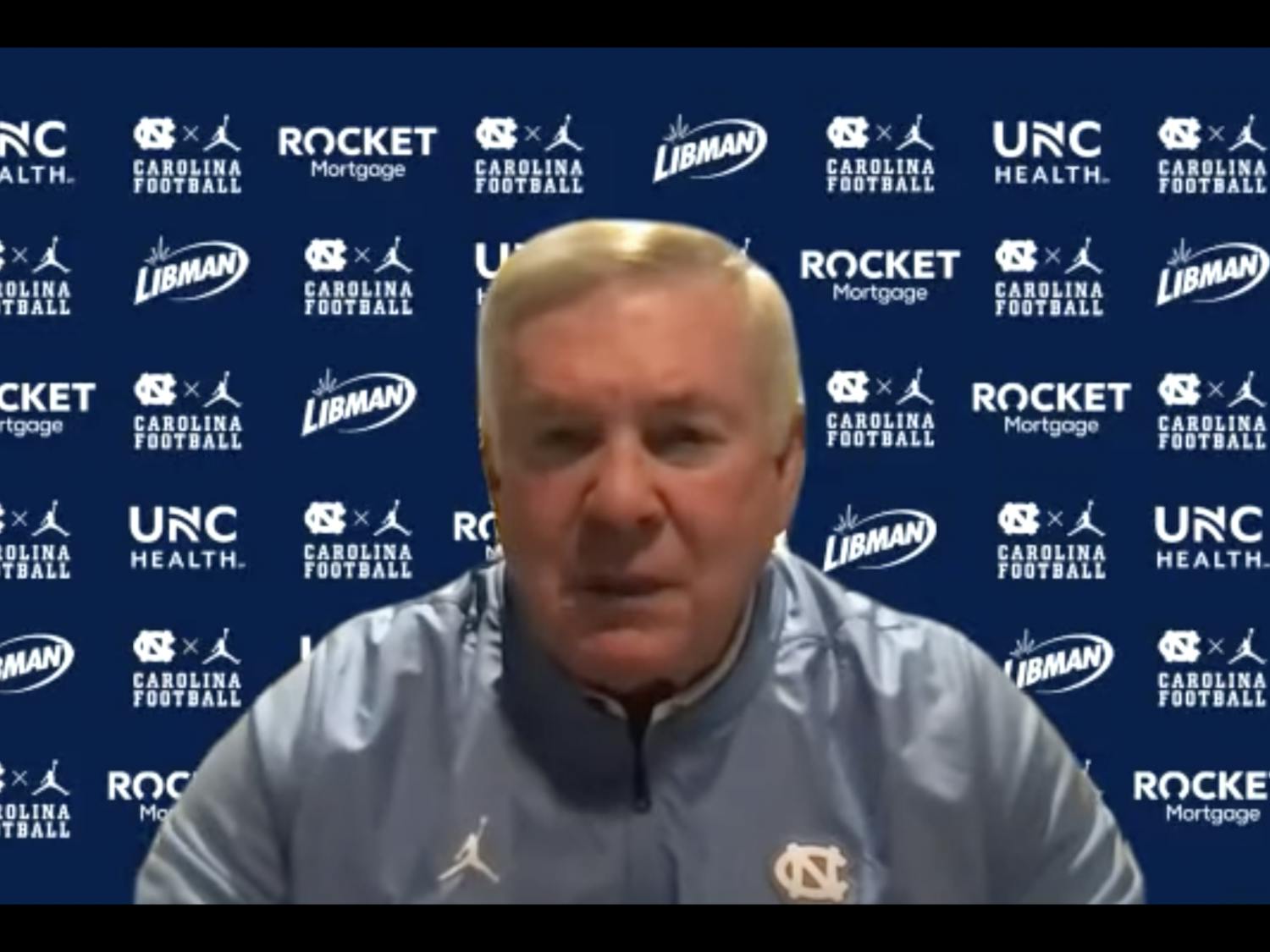 Mack Brown speaks at a virtual press conference on Thursday July 8, 2021. Screenshot by Kaitlyn Schmidt.