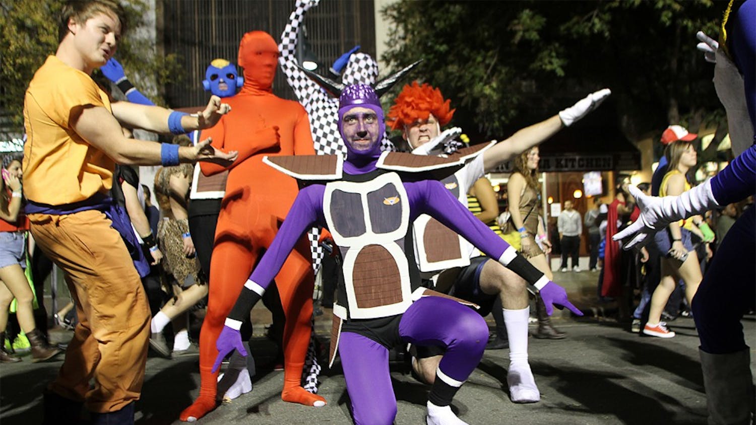 Kevin Coley from Greensboro, NC, in purple, poses with his friends as Dragon Ball Z as the Ginyu Forest.