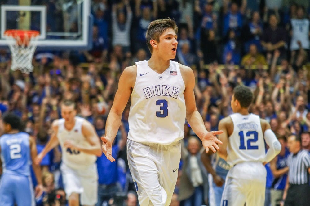 Grayson Allen (3) reacts during the final seconds of a game.&nbsp;