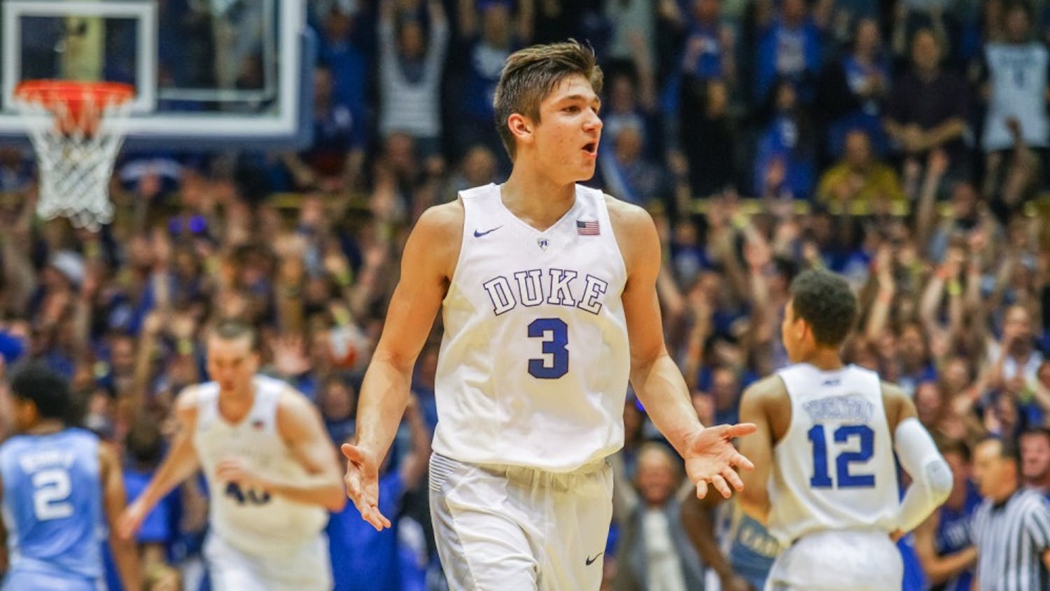 Grayson Allen (3) reacts during the final seconds of a game.&nbsp;